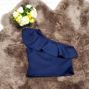 Navy Blue Ruffle Asymmetric Crop Top